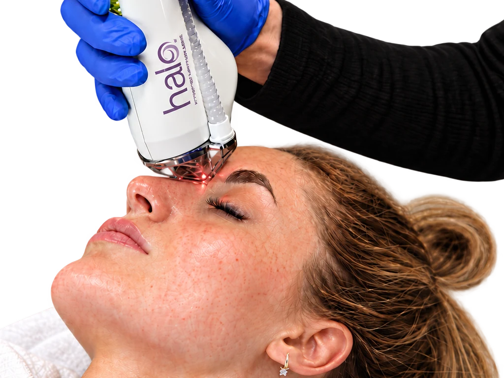 Woman with eyes closed receiving a HALO laser facial, the handpiece held at her brow by a gloved provider