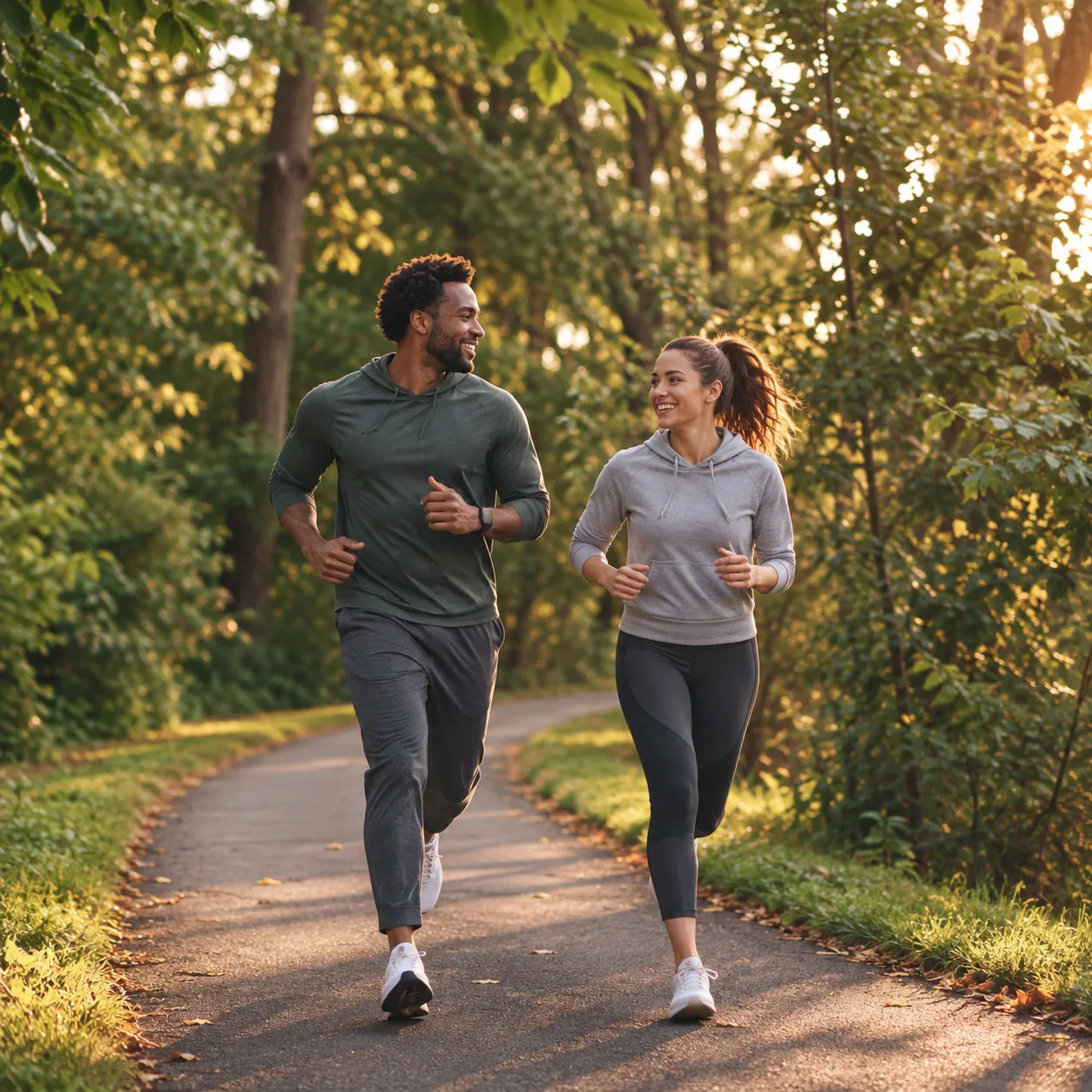 Smiling couple jogging together on a sunlit wooded path