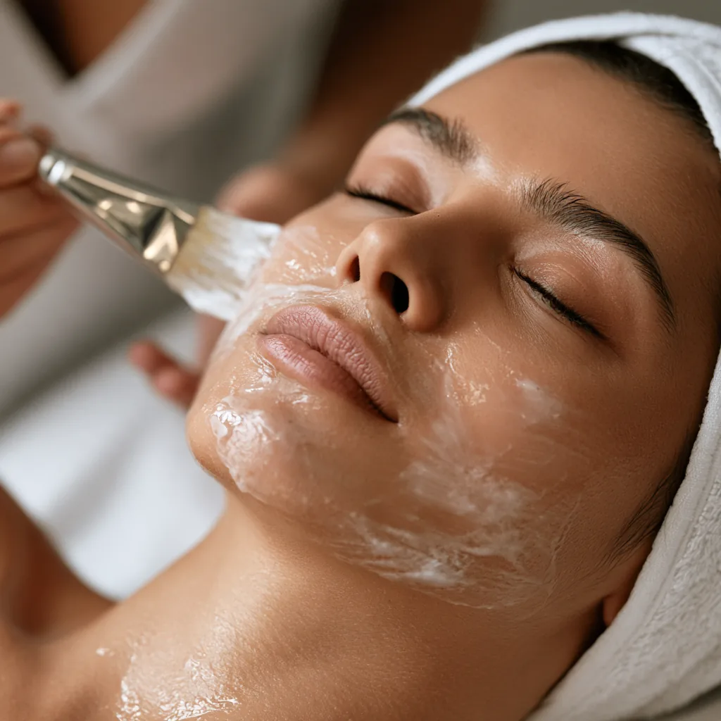 Woman with eyes closed as a brush applies a chemical peel to her face