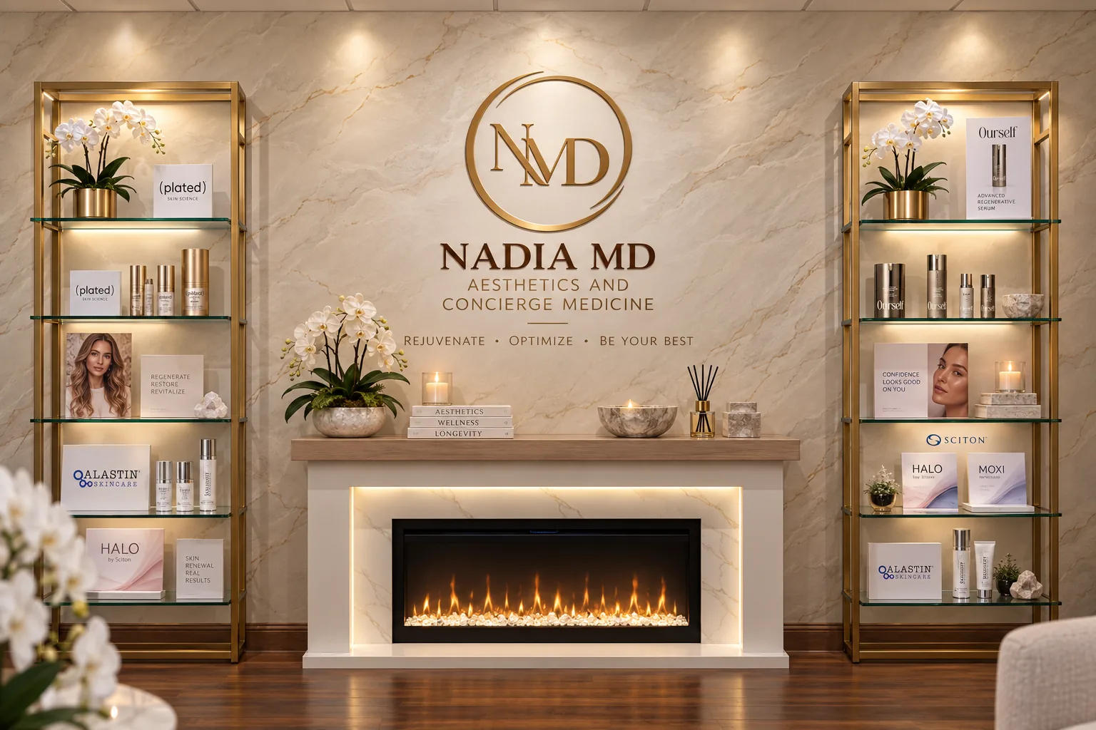 The Nadia MD clinic: a marble feature wall with the Nadia MD sign, gold shelves of skincare products, orchids and a fireplace