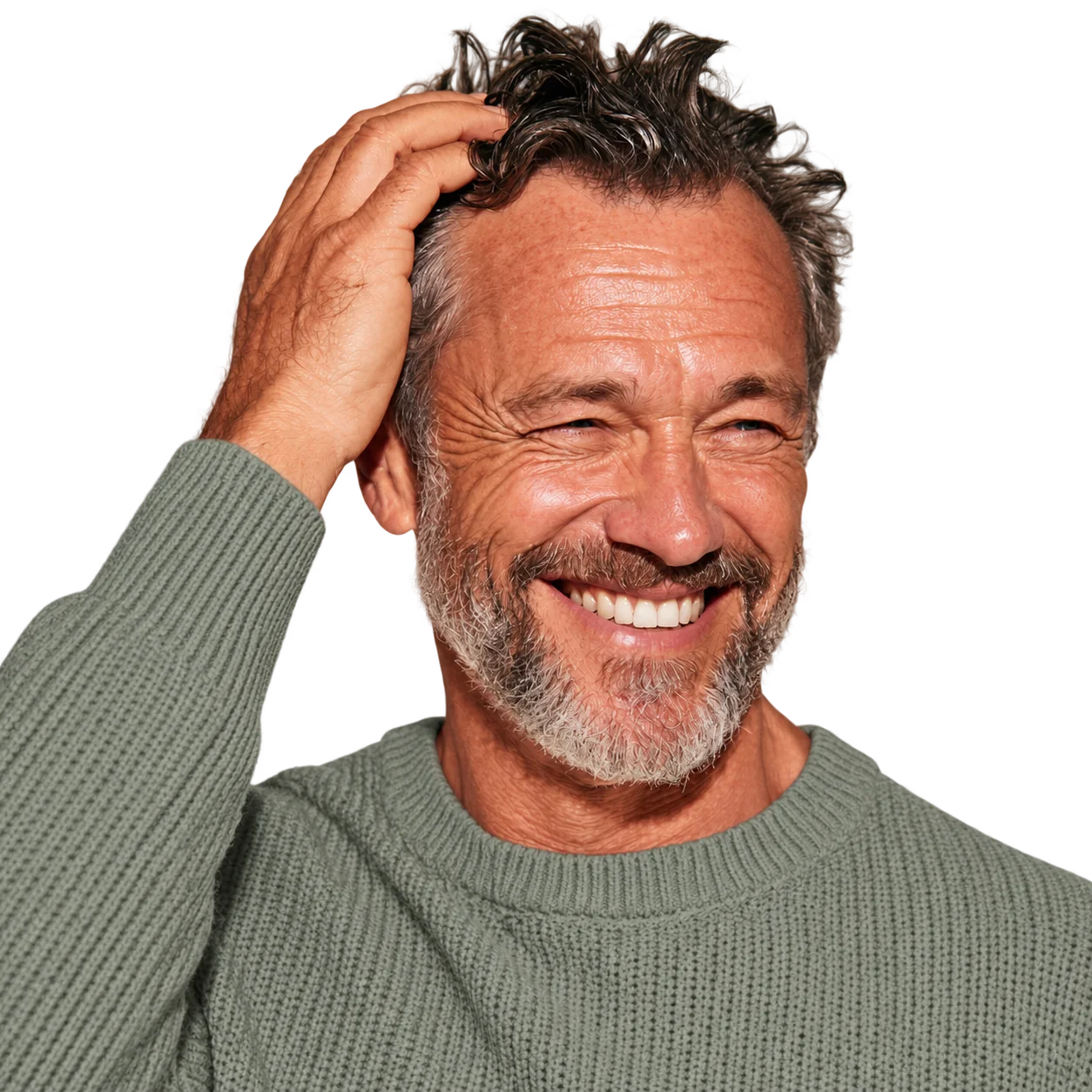 Smiling man with salt-and-pepper hair and beard running a hand through his hair