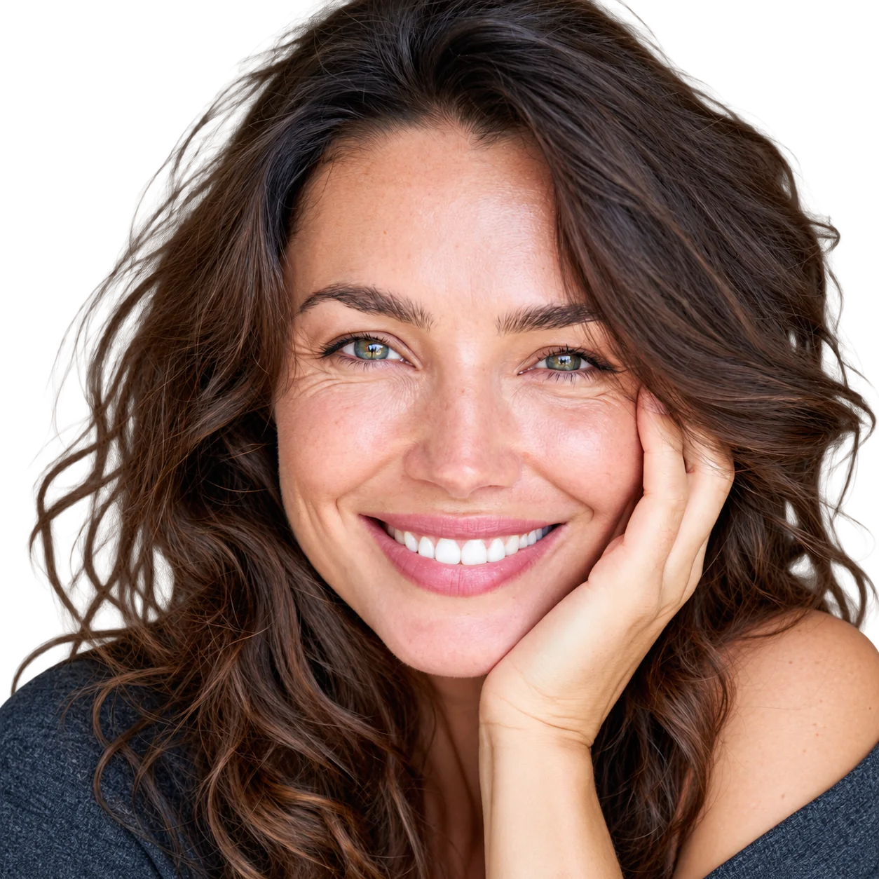 Smiling woman with long wavy brown hair resting her cheek on her hand
