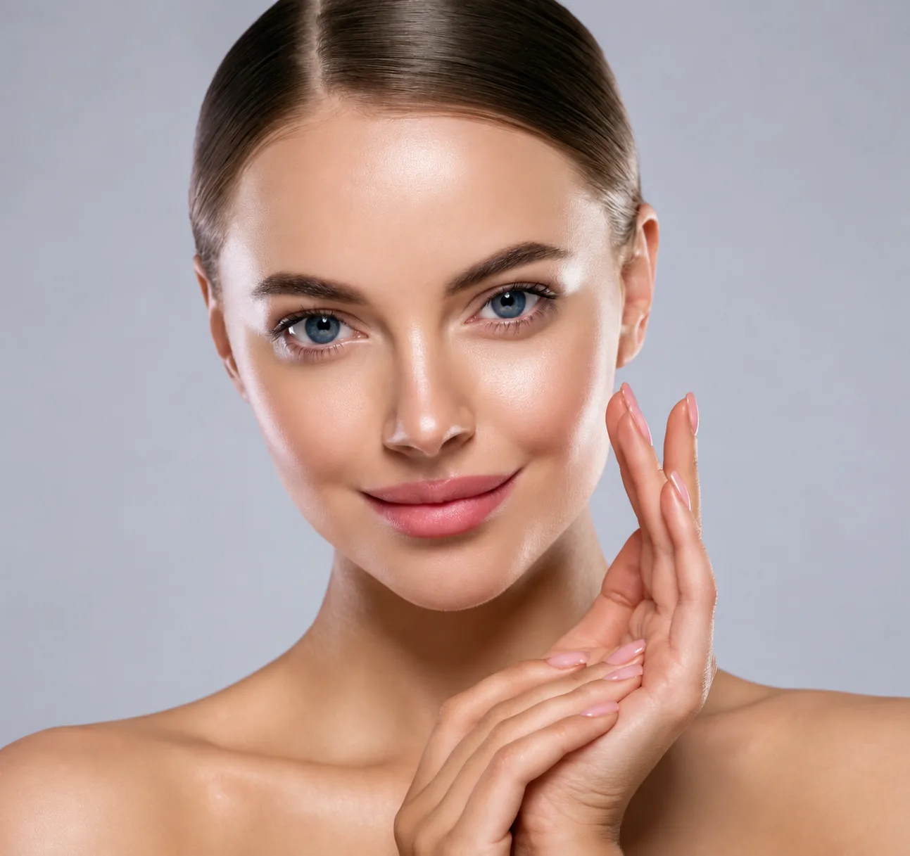 Close-up of a woman with glowing skin and sleek hair, smiling softly with her hand raised to her face